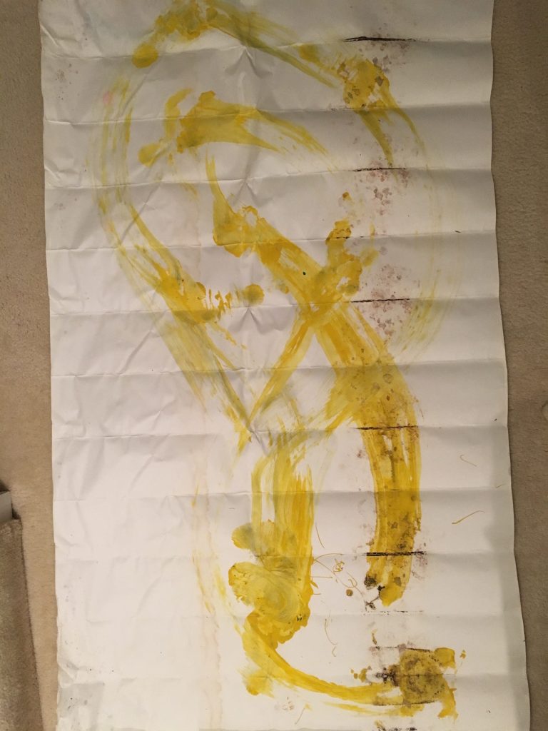 $500. 'Yellow dragon rolls over'. 5.11 ft. H x 3.4 ft w. Paint on paper.