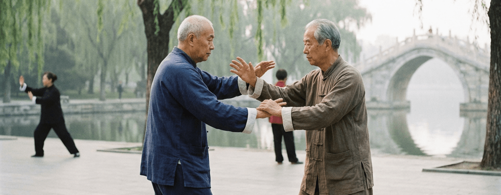 Two elderly men practicing Tai Chi near a lake with a stone bridge in background